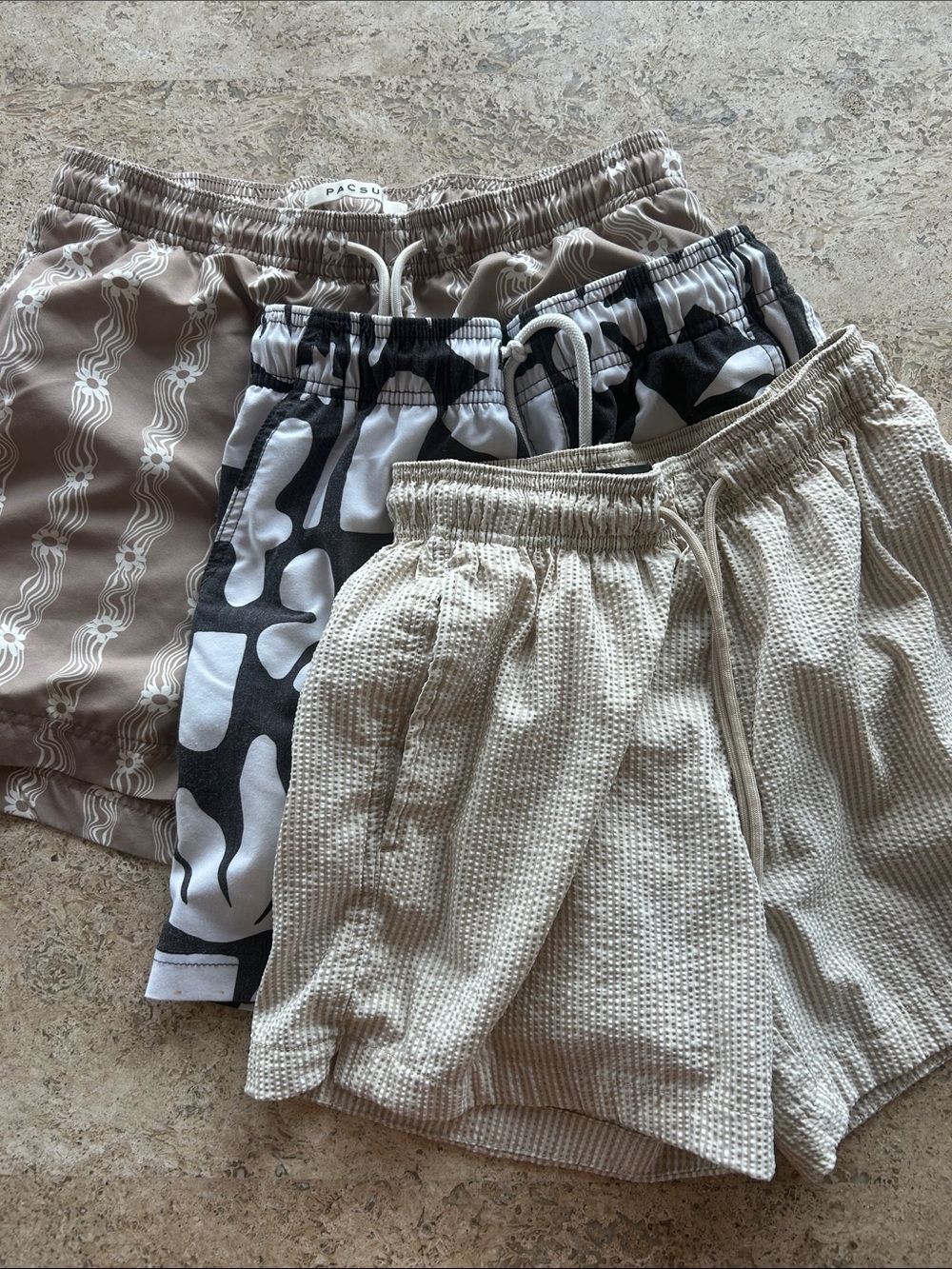 PacSun H&M and RSQ Beige and Black Patterned Men's Swim Shorts Trio